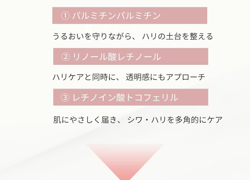 パルミチン酸レチノール うるおいを守りながら、ハリの土台を整える リノール酸レチノール ハリケアと同時に、透明感にもアプローチ レチノイン酸トコフェリル 肌にやさしく届き、シワ・ハリを多角的にケア